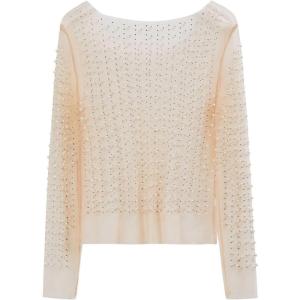 imageCHICWISH Women Full Pearl Embellished Sheer Mesh Top Sexy See Through Shirt Long Sleeve Scoop Neck Blouses Tops TanTan