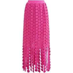 imageCHICWISH Women Summer Crochet Circle Fringe Hem Maxi Skirt Hollow Out High Elastic Waist Vacation Beach Long SkirtHot Pink