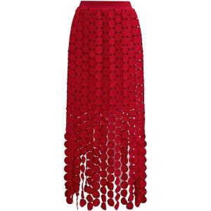 imageCHICWISH Women Summer Crochet Circle Fringe Hem Maxi Skirt Hollow Out High Elastic Waist Vacation Beach Long SkirtRed