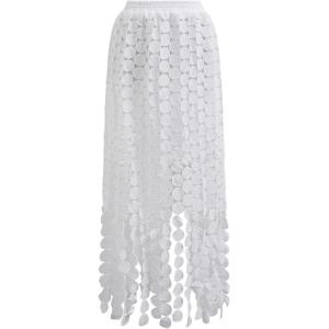 imageCHICWISH Women Summer Crochet Circle Fringe Hem Maxi Skirt Hollow Out High Elastic Waist Vacation Beach Long SkirtWhite