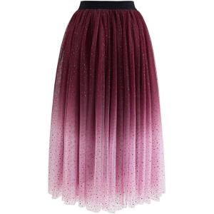 imageCHICWISH Womens PurpleBurgundyPink Festive Sparkle Ombre Tulle Midi SkirtBurgundy