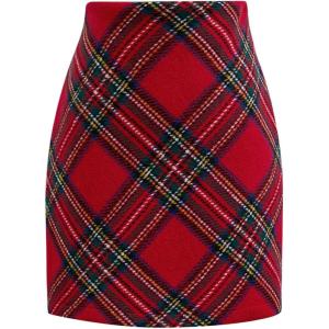 imageCHICWISH Womens Red Plaid Mini Skirt Fall Winter Tartan Wool High Waisted Bodycon Pencil SkirtRed