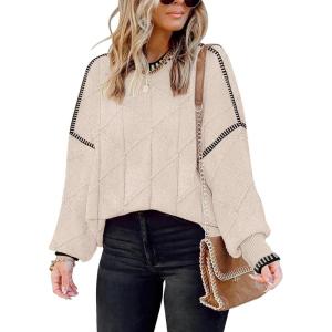 imageDisamer Sweaters for Women Fall Outfits Winter 2025 Lightweight Long Batwing Sleeve Crewneck Knit Pullover Sweaters TopsStriped Apricot