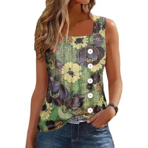 imageDisamer Tank Tops for Women 2025 Pleated Summer Tops Button Down Loose Fit Sleeveless Square Neck T ShirtsFlower Bellis