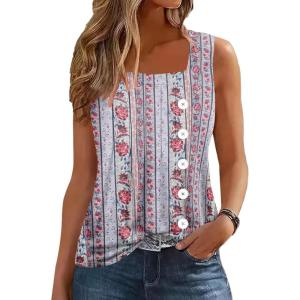imageDisamer Tank Tops for Women 2025 Pleated Summer Tops Button Down Loose Fit Sleeveless Square Neck T ShirtsStriped Rose