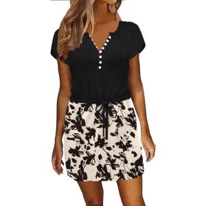 imageWomens Summer Casual Dresses Short Sleeve Striped Dress Boho Beach Vacation Tie Drawstring Waist Sun Dresses with PocketsFloral Black