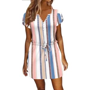 imageWomens Summer Casual Dresses Short Sleeve Striped Dress Boho Beach Vacation Tie Drawstring Waist Sun Dresses with PocketsStriped Colorful