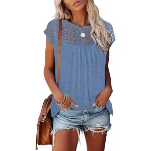 imageDisamer Womens Cap Sleeve Summer Tops Casual Crew Neck Lace Fashion Loose Fit Short Sleeve Shirts Tunic BlouseA Pure Blue