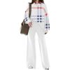 imageDisamer Womens 2 Piece Outfits Sweater Set Long Sleeve Knit Pullover Tops Wide Leg Pants Lounge SetsPlaid White