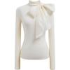 imageCHICWISH Women Organza Bowknot Neck Knit Top Long Sleeve Elegant Slim Fitted Fall Casual Solid Pullover TopsCream
