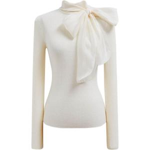 imageCHICWISH Women Organza Bowknot Neck Knit Top Long Sleeve Elegant Slim Fitted Fall Casual Solid Pullover TopsCream