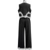 imageCHICWISH Women 2 Piece Sets Summer Outfit Sleeveless V Neck Lace Top and Side Pocket Pants Casual Vacation Lounge SetBlack