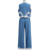 imageCHICWISH Women 2 Piece Sets Summer Outfit Sleeveless V Neck Lace Top and Side Pocket Pants Casual Vacation Lounge SetBlue