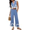 imageCHICWISH Women 2 Piece Sets Summer Outfit Sleeveless V Neck Lace Top and Side Pocket Pants Casual Vacation Lounge SetBlue