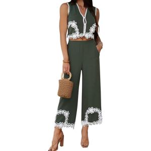 imageCHICWISH Women 2 Piece Sets Summer Outfit Sleeveless V Neck Lace Top and Side Pocket Pants Casual Vacation Lounge SetArmy Green