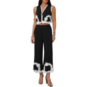 imageCHICWISH Women 2 Piece Sets Summer Outfit Sleeveless V Neck Lace Top and Side Pocket Pants Casual Vacation Lounge SetBlack