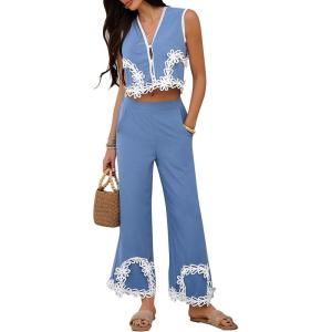 imageCHICWISH Women 2 Piece Sets Summer Outfit Sleeveless V Neck Lace Top and Side Pocket Pants Casual Vacation Lounge SetBlue