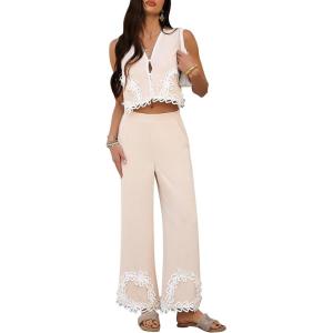 imageCHICWISH Women 2 Piece Sets Summer Outfit Sleeveless V Neck Lace Top and Side Pocket Pants Casual Vacation Lounge SetLinen