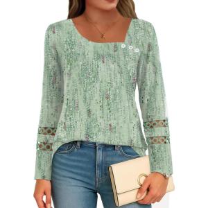 imageDisamer Womens Tops Long Sleeve T Shirts Dressy Casual Tunic Tops 2025 Fall Fashion Loose Square Neck Button Blouse TeesDewdrop Green