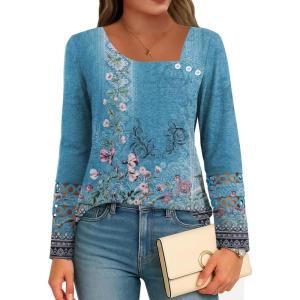 imageDisamer Womens Tops Long Sleeve T Shirts Dressy Casual Tunic Tops 2025 Fall Fashion Loose Square Neck Button Blouse TeesFloral Blue
