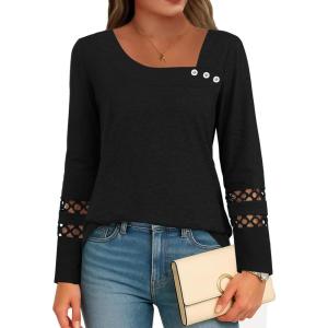 imageDisamer Womens Tops Long Sleeve T Shirts Dressy Casual Tunic Tops 2025 Fall Fashion Loose Square Neck Button Blouse TeesPure Black