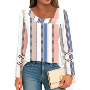 imageDisamer Womens Tops Long Sleeve T Shirts Dressy Casual Tunic Tops 2025 Fall Fashion Loose Square Neck Button Blouse TeesStriped Block