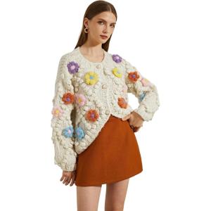 imageCHICWISH Womens Cream Button Up Floral PomPom Knit CardiganCream