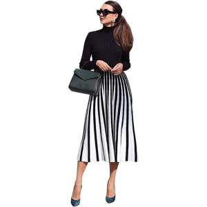 imageCHICWISH Womens Stripe Print Turtleneck Knit Midi DressStripe Print