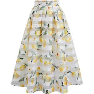 imageCHICWISH Women Lemon Stripe Skirts ALine Printed Pleated Flared Organza Tulle Midi Skirt Garden Party Casual Vinage SkirtYellow