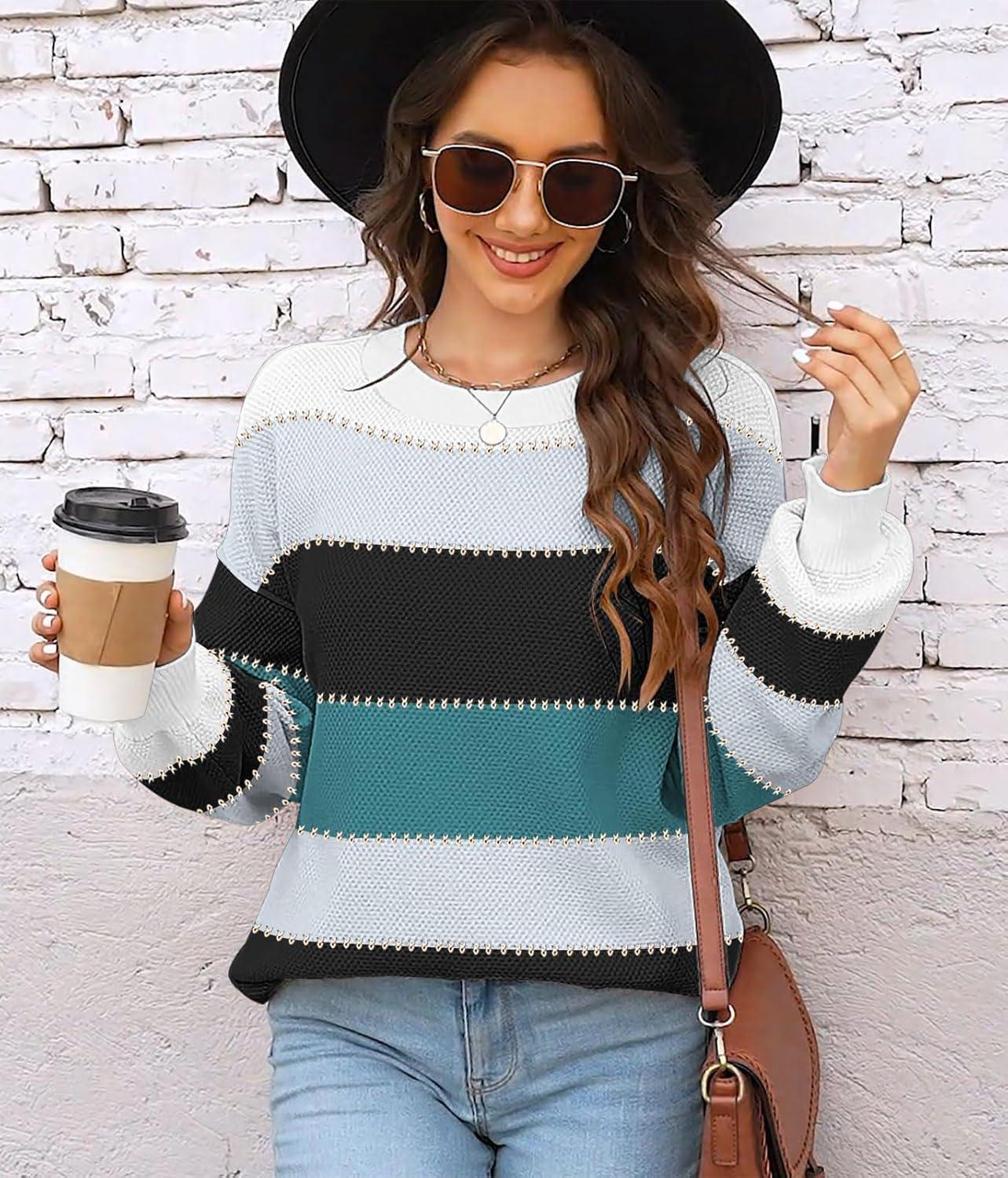 imageWomens Sweaters Fall 2025 Fashion Long Sleeve Color Block Oversized Sweater Trendy Casual Crew Neck Knitted Tops PulloverColor Blue