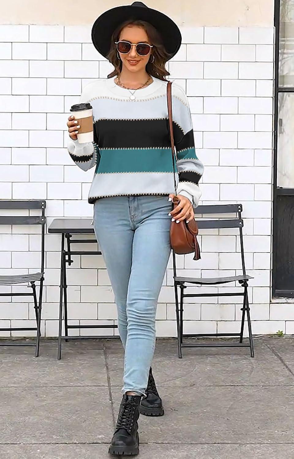 imageWomens Sweaters Fall 2025 Fashion Long Sleeve Color Block Oversized Sweater Trendy Casual Crew Neck Knitted Tops PulloverColor Blue