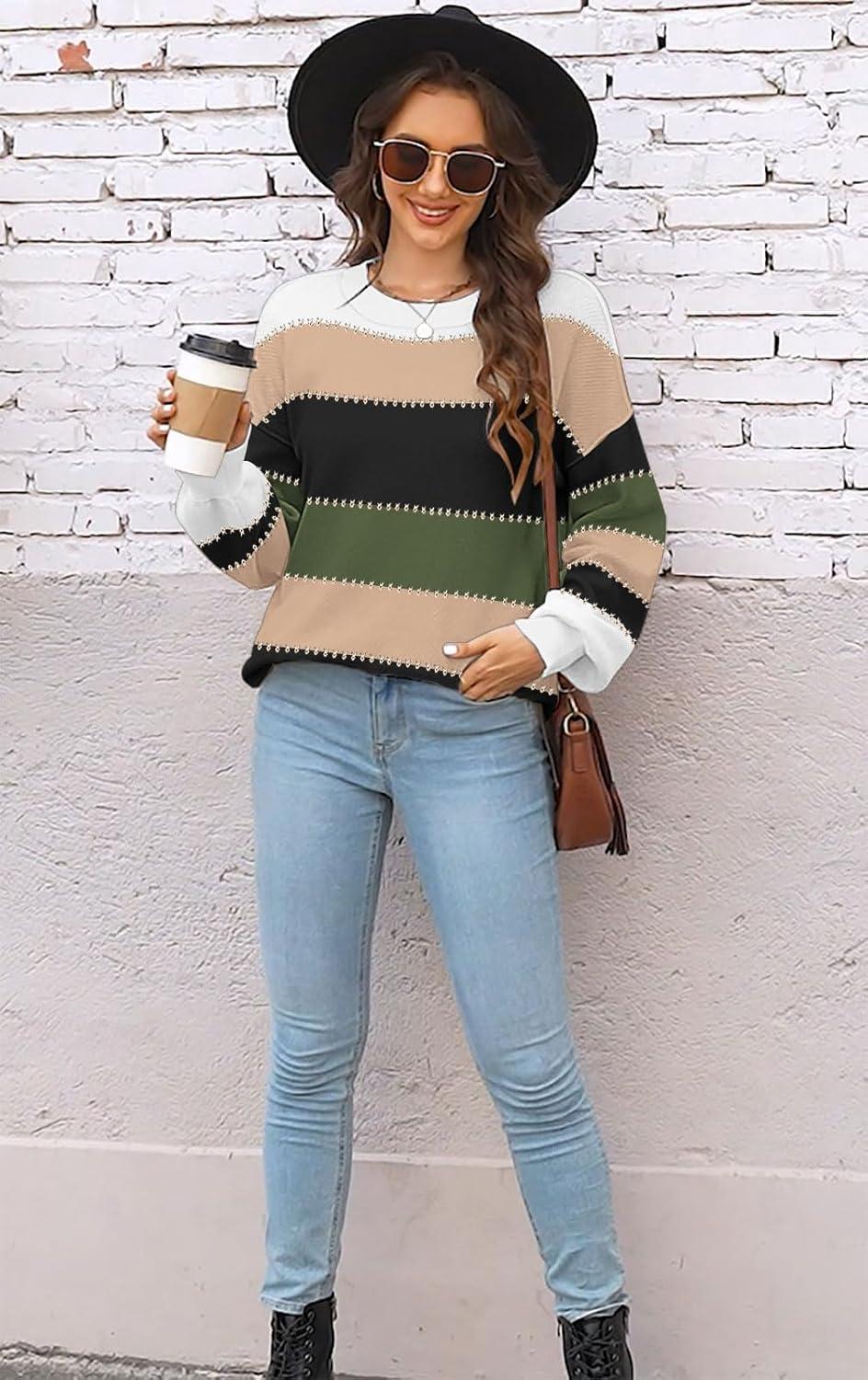 imageWomens Sweaters Fall 2025 Fashion Long Sleeve Color Block Oversized Sweater Trendy Casual Crew Neck Knitted Tops PulloverColor Darkgreen