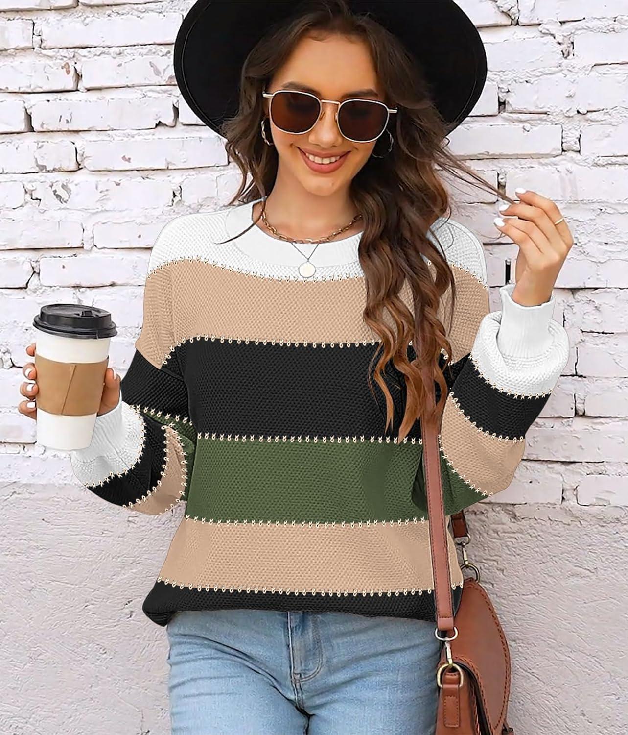 imageWomens Sweaters Fall 2025 Fashion Long Sleeve Color Block Oversized Sweater Trendy Casual Crew Neck Knitted Tops PulloverColor Darkgreen
