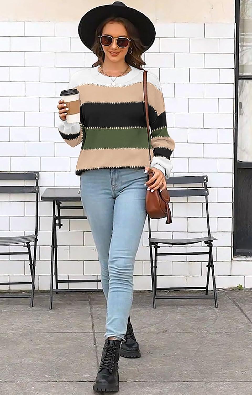 imageWomens Sweaters Fall 2025 Fashion Long Sleeve Color Block Oversized Sweater Trendy Casual Crew Neck Knitted Tops PulloverColor Darkgreen