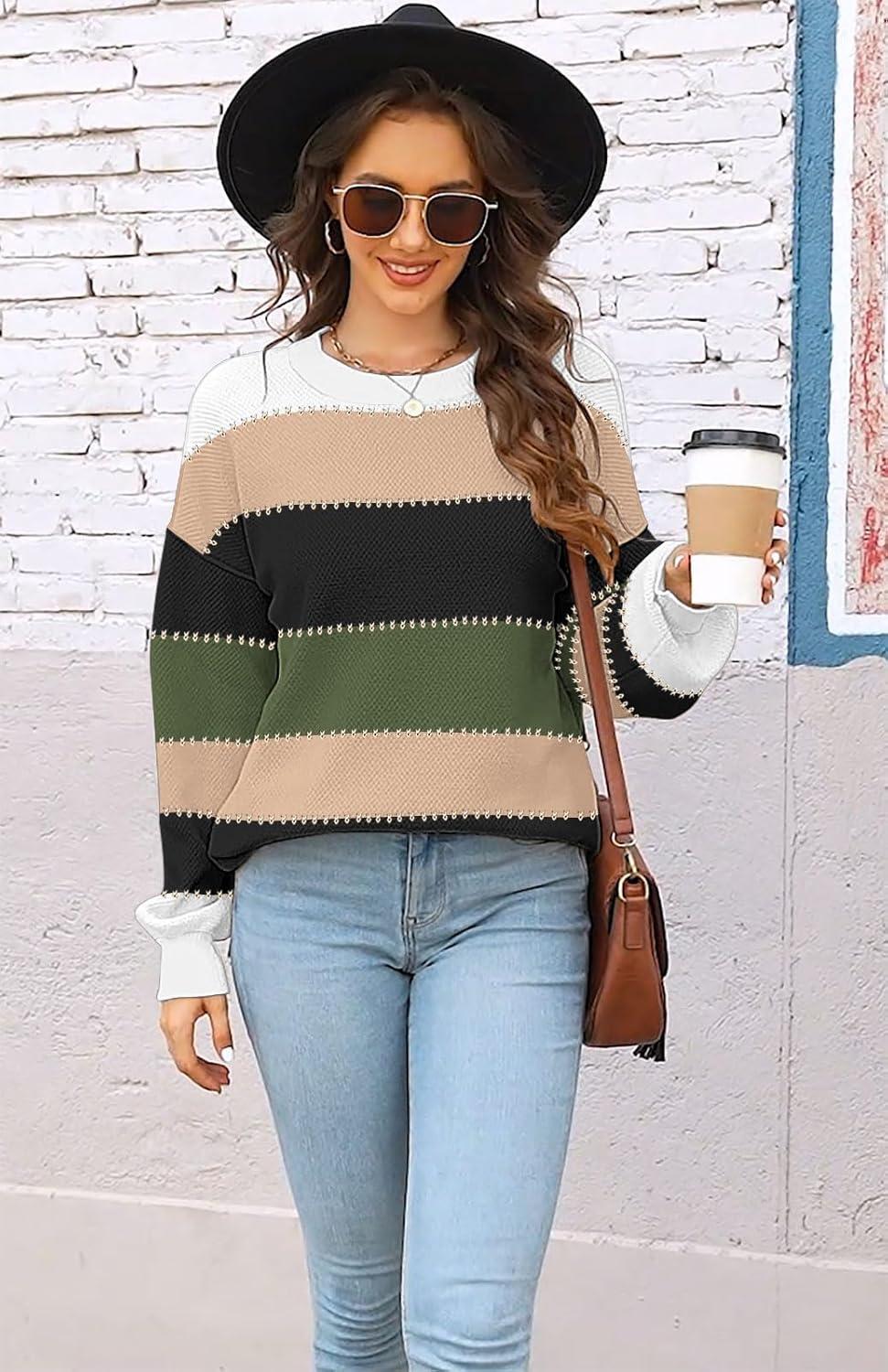 imageWomens Sweaters Fall 2025 Fashion Long Sleeve Color Block Oversized Sweater Trendy Casual Crew Neck Knitted Tops PulloverColor Darkgreen