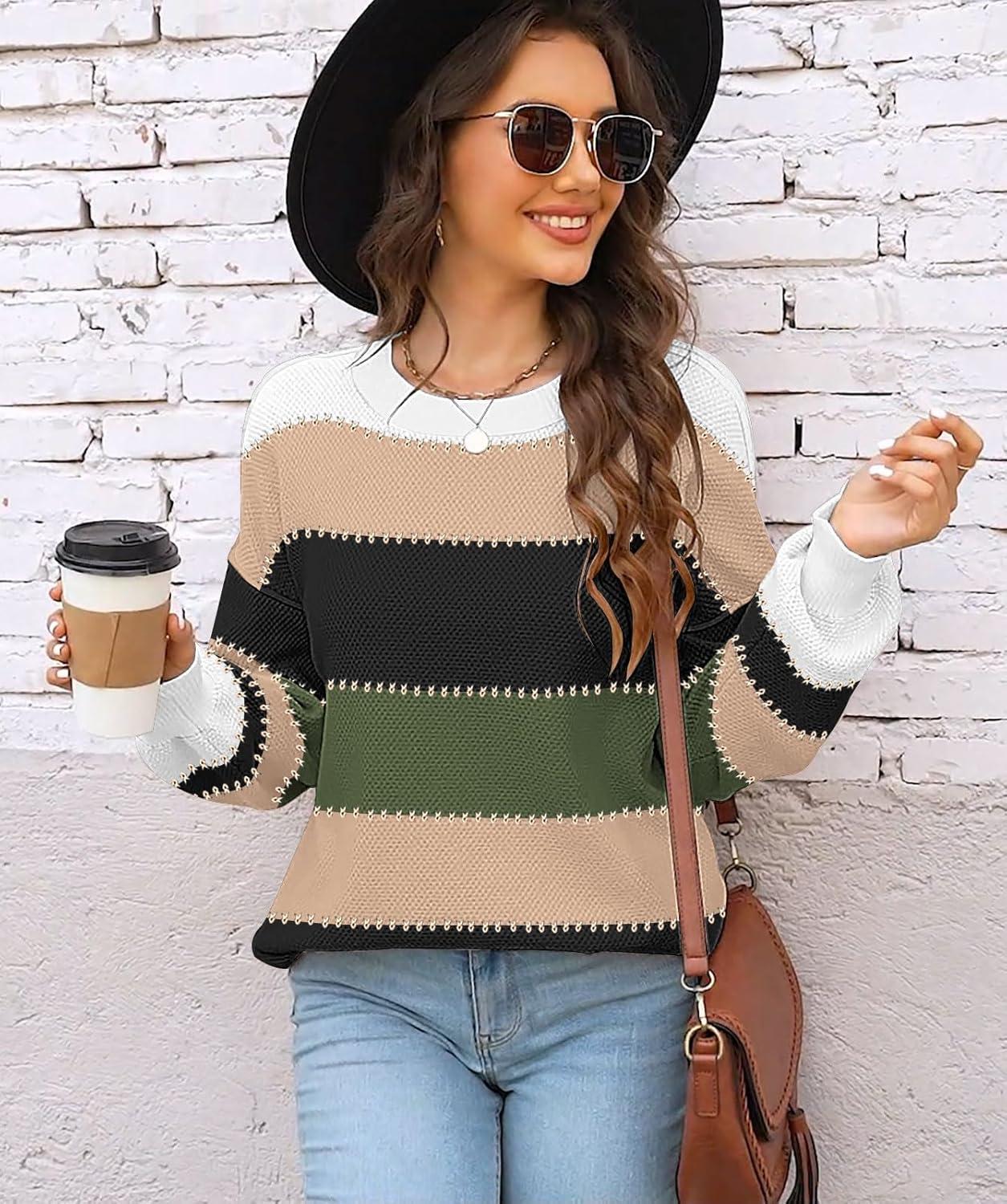 imageWomens Sweaters Fall 2025 Fashion Long Sleeve Color Block Oversized Sweater Trendy Casual Crew Neck Knitted Tops PulloverColor Darkgreen