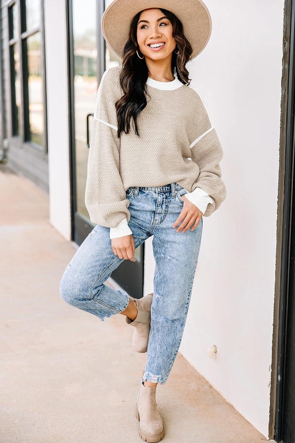 imageWomens Sweaters Fall 2025 Fashion Long Sleeve Color Block Oversized Sweater Trendy Casual Crew Neck Knitted Tops PulloverPure Apricot