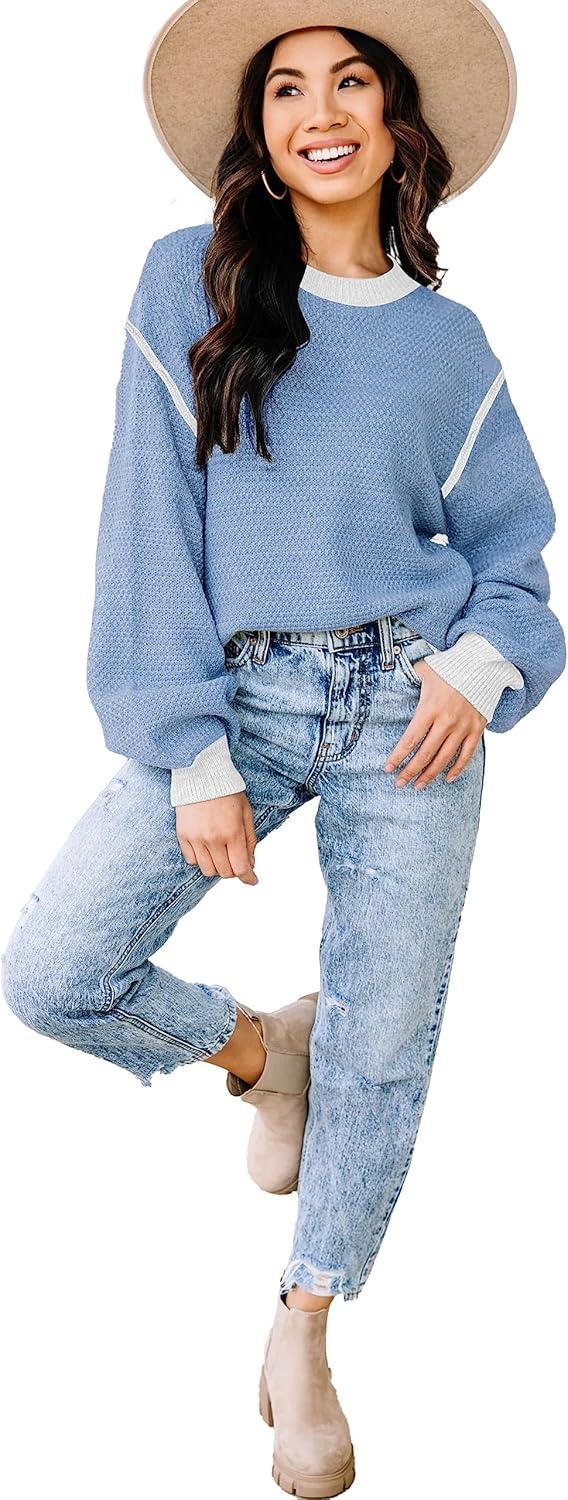 imageWomens Sweaters Fall 2025 Fashion Long Sleeve Color Block Oversized Sweater Trendy Casual Crew Neck Knitted Tops PulloverPure Blue