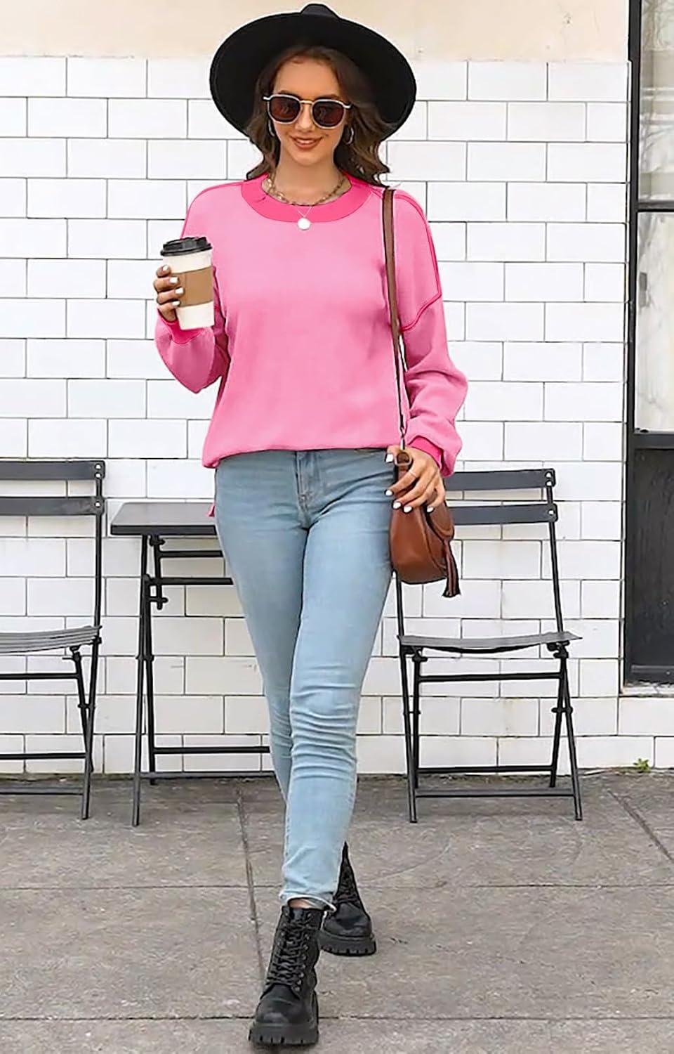 imageWomens Sweaters Fall 2025 Fashion Long Sleeve Color Block Oversized Sweater Trendy Casual Crew Neck Knitted Tops PulloverPure Pink