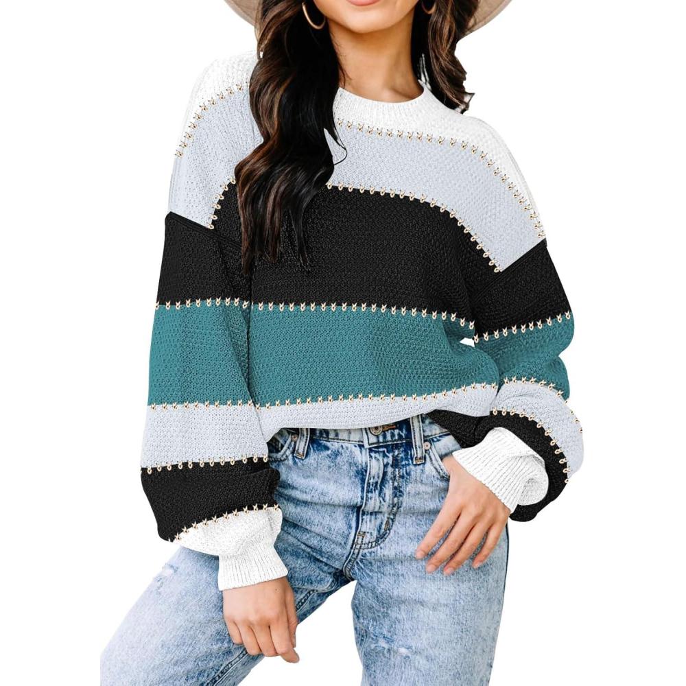 imageWomens Sweaters Fall 2025 Fashion Long Sleeve Color Block Oversized Sweater Trendy Casual Crew Neck Knitted Tops PulloverColor Blue
