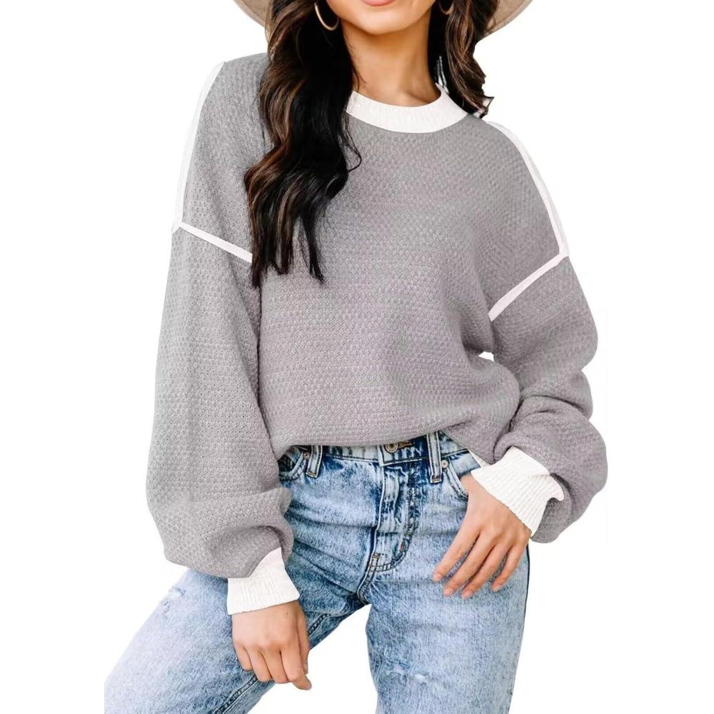 imageWomens Sweaters Fall 2025 Fashion Long Sleeve Color Block Oversized Sweater Trendy Casual Crew Neck Knitted Tops PulloverPure Grey