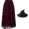 imageCHICWISH Women Burgundy Tulle Tutu Skirt Velvet Bats Elastic Waist Halloween Party Layered Mesh Midi Skirt and Black Hat Halloween Costume Skirt Size SM