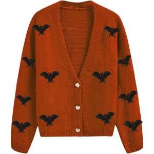 imageCHICWISH Women Halloween Bats Patch Sweater Cardigan Casual V Neck Long Sleeve Button Down Knit CardiganPumpkin