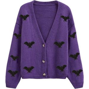 imageCHICWISH Women Halloween Bats Patch Sweater Cardigan Casual V Neck Long Sleeve Button Down Knit CardiganPurple
