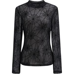 imageCHICWISH Women Spider Web Pattern SemiSheer Mesh Tulle Top Crewneck Long Sleeve Cropped Top Halloween BlousesBlack