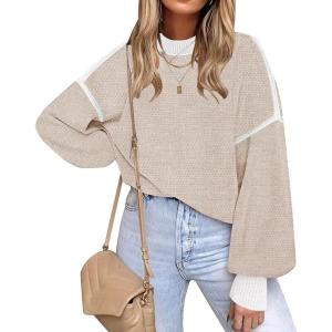 imageFall Clothes for Women 2025 Trendy Fashion Oversized Sweaters Color Block Long Sleeve Knited Pullover Tops Winter OutfitsPure Apricot