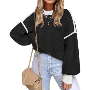 imageFall Clothes for Women 2025 Trendy Fashion Oversized Sweaters Color Block Long Sleeve Knited Pullover Tops Winter OutfitsPure Black