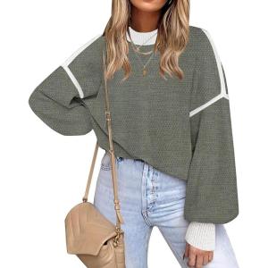 imageFall Clothes for Women 2025 Trendy Fashion Oversized Sweaters Color Block Long Sleeve Knited Pullover Tops Winter OutfitsPure Green