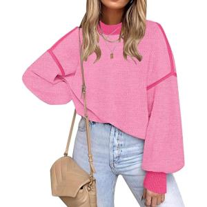 imageFall Clothes for Women 2025 Trendy Fashion Oversized Sweaters Color Block Long Sleeve Knited Pullover Tops Winter OutfitsPure Pink
