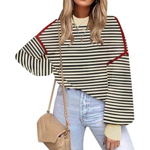 imageFall Clothes for Women 2025 Trendy Fashion Oversized Sweaters Color Block Long Sleeve Knited Pullover Tops Winter OutfitsStriped Apricot